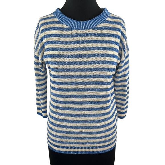 J.Crew Linen Blend Blue White Striped Ribbed Crew Neck 3/4 Sleeve Sweater Sz XS - Picture 1 of 6